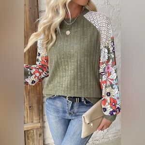 Laurel Green Floral Patchwork Long
Sleeve Ribbed Blouse Bohemian Top
